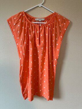 LOFT short sleeve split neck blouse orange with white polka dots size medium